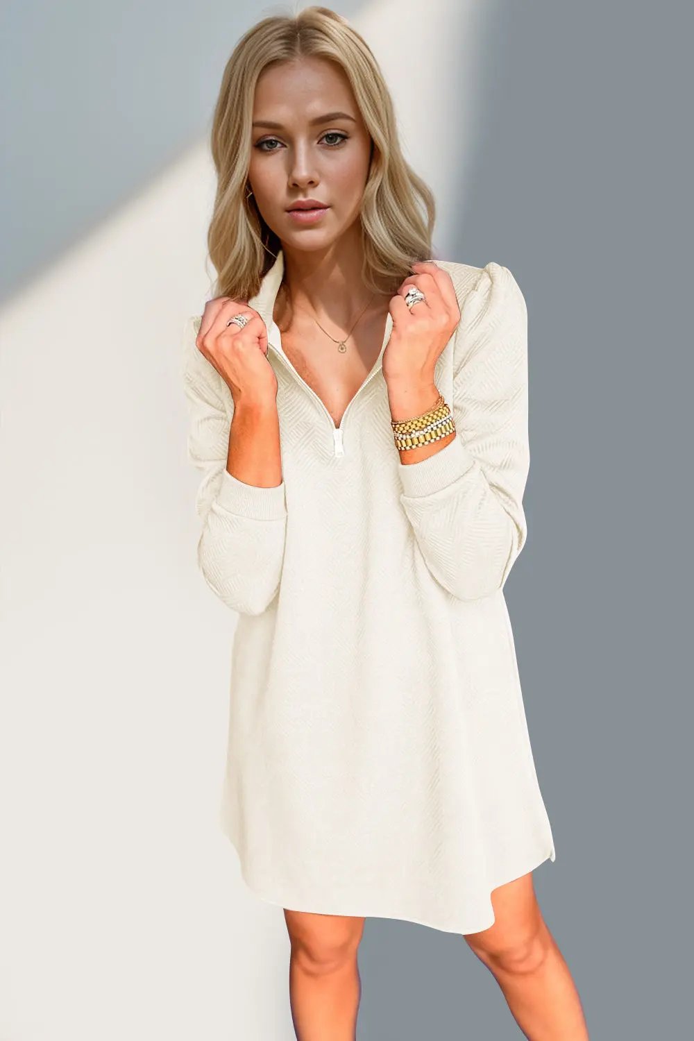 Double Take Textured Quarter Zip Long Sleeve Dress - Love Salve